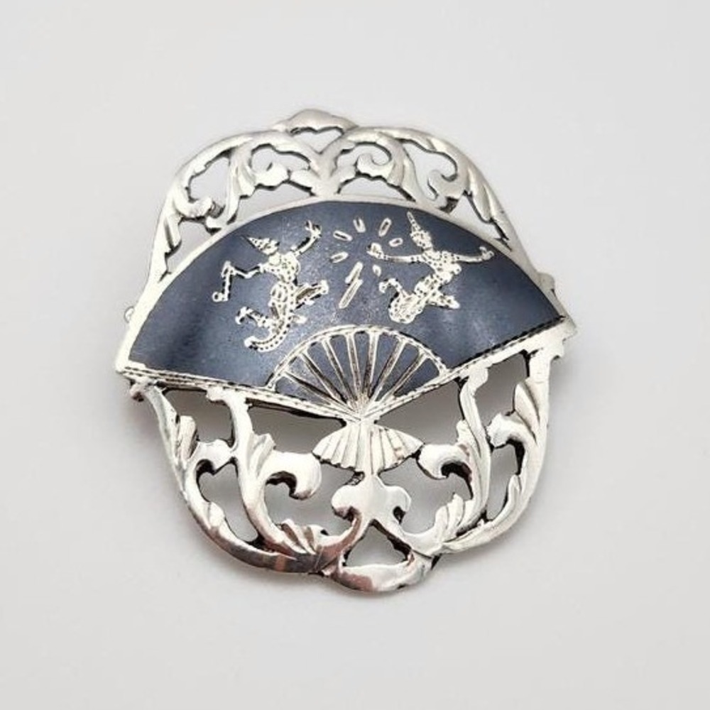 Siam Brooch Pin Women OS Black Silver 925 Sterling‎ Enamel Niello Fan Vintage